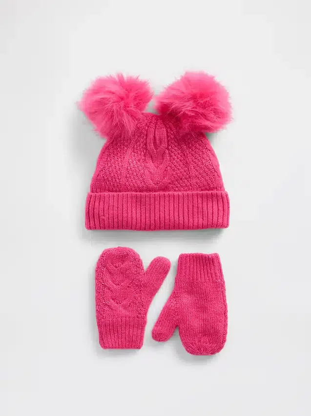 Set di berretto e guanti con pompon a trecce per Neonato & Bebè