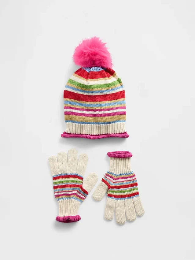 Set per bambini con cappello con pompon e guanti