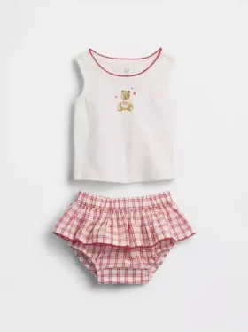 Set per neonati composto da canotta con orsetto Brannan e gonnellina-pantaloncino a quadri