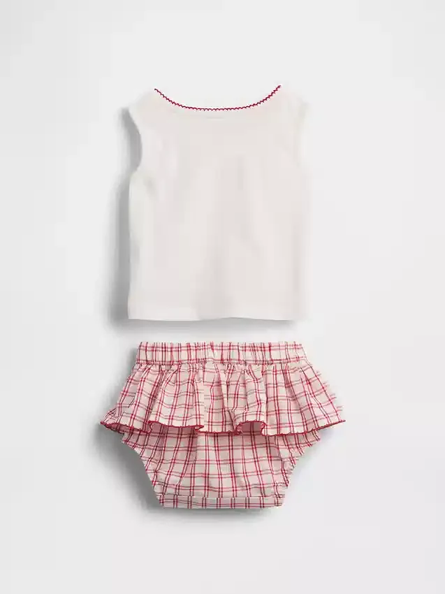 Set per neonati composto da canotta con orsetto Brannan e gonnellina-pantaloncino a quadri