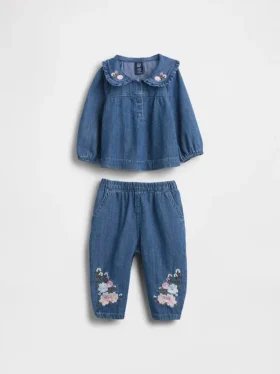 Set per neonati in denim a motivi floreali