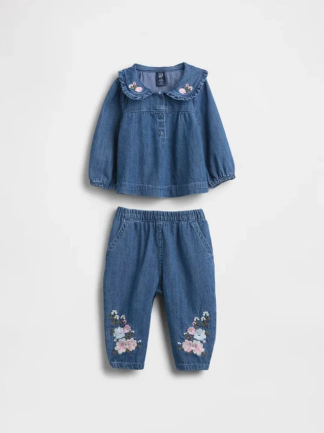 Set per neonati in denim a motivi floreali