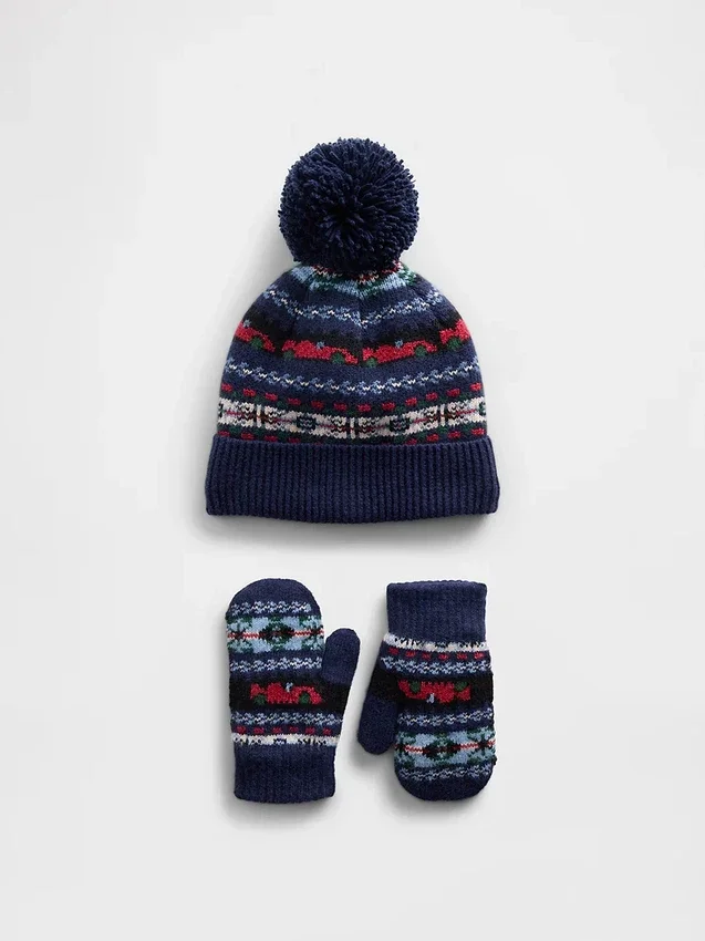 Set per neonato & bebè con berretto e guanti Fair Isle con pompon