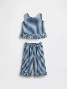 Set per neonato & bebè in denim a quadretti con orlo a balze