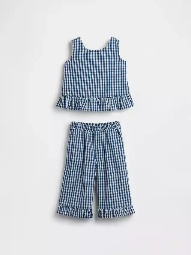 Set per neonato & bebè in denim a quadretti con orlo a balze