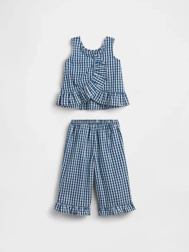 Set per neonato & bebè in denim a quadretti con orlo a balze