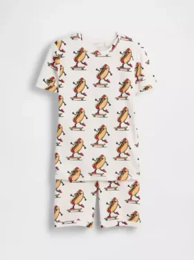 Set pigiama in cotone biologico spazzolato con motivo hot dog in forma di pantaloncini