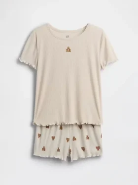 Set pigiama per bambini con pantaloncini a costine riciclati e orsetto Brannan