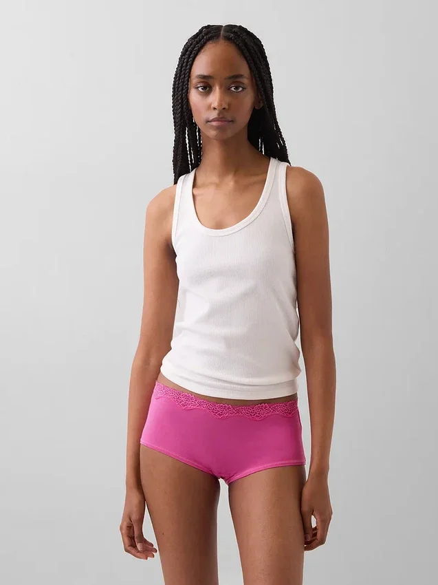 Shorts in cotone biologico elasticizzato con bordi in pizzo