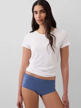 Shorts in cotone biologico elasticizzato con bordi in pizzo