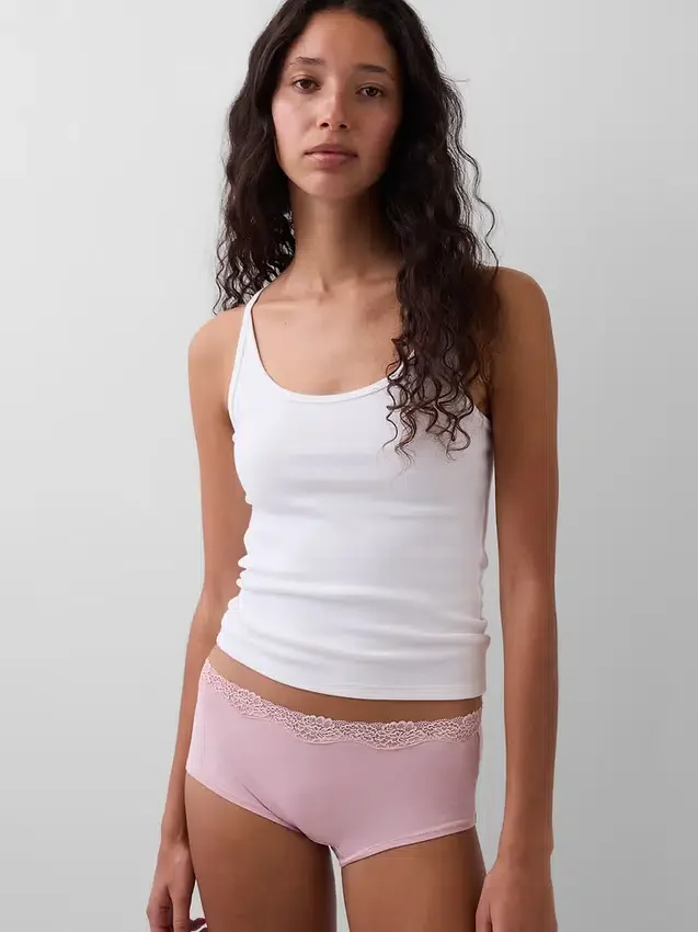 Shorts in cotone biologico elasticizzato con bordi in pizzo