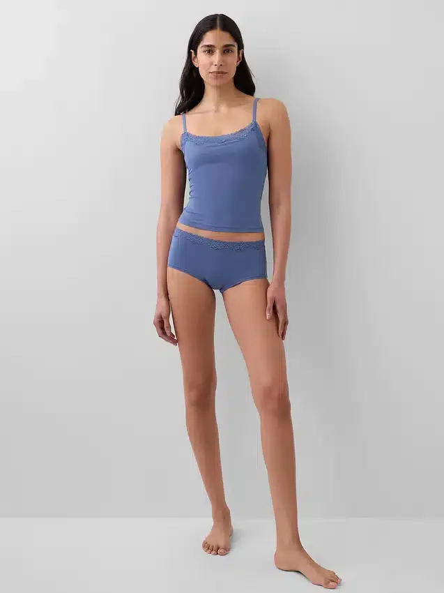 Shorts in cotone biologico elasticizzato con bordi in pizzo