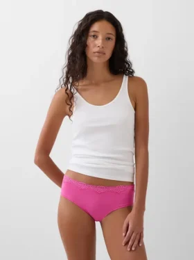 Slip a vita bassa in cotone biologico elasticizzato con bordi in pizzo