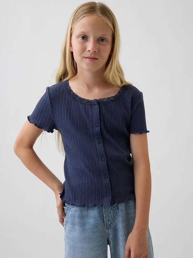 T-shirt a costine pointelle con bottoni sul davanti per bambini