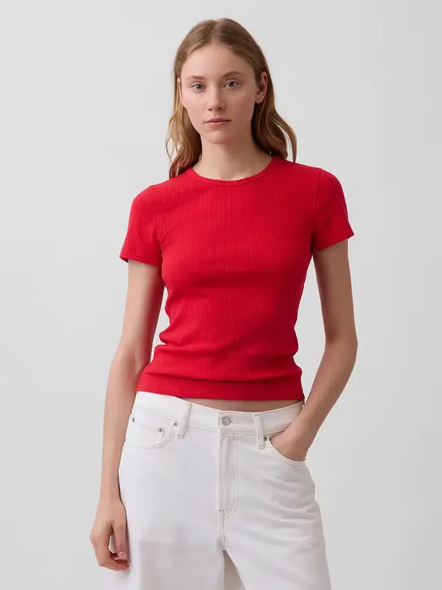 T-shirt a girocollo in punto Pointelle