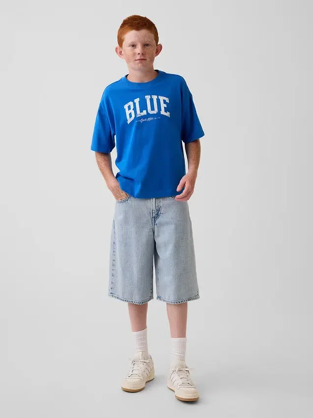 T-shirt blu per bambini con logo dal taglio comodo