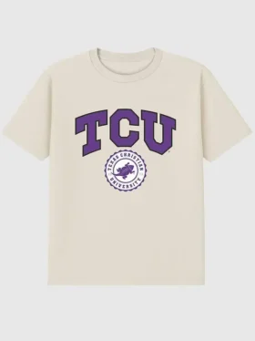 T-shirt con grafica scura del sigillo universitario della TCU (Texas Christian University)