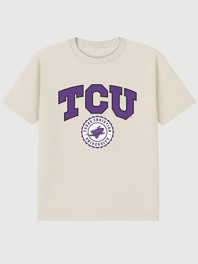 T-shirt con grafica scura del sigillo universitario della TCU (Texas Christian University)