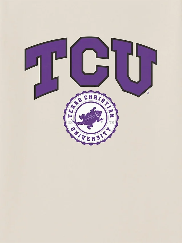 T-shirt con grafica scura del sigillo universitario della TCU (Texas Christian University)