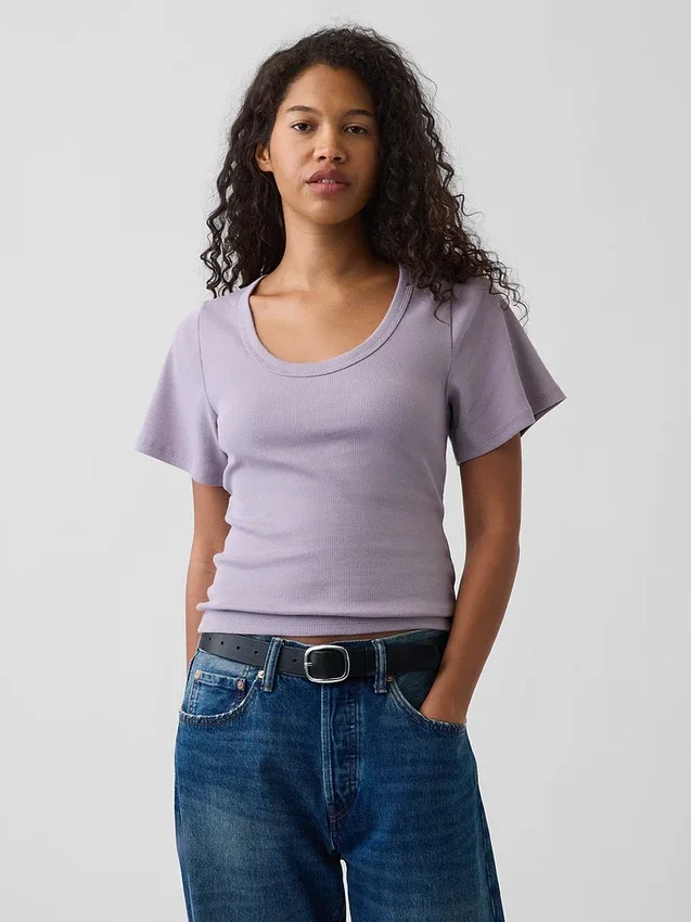 T-shirt con scollo rotondo a costine