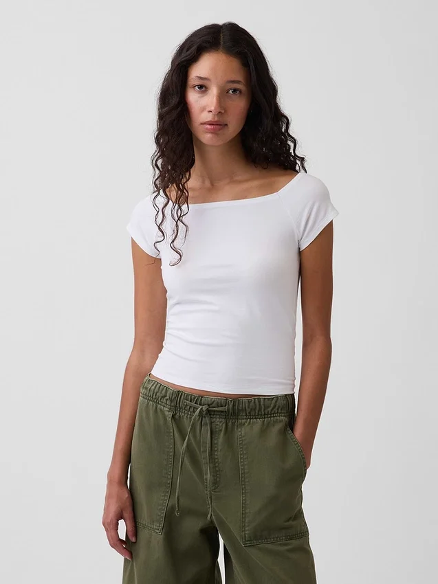 T-shirt corta con spalle scoperte in jersey a trama fitta