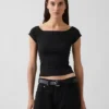 T-shirt corta con spalle scoperte in jersey a trama fitta
