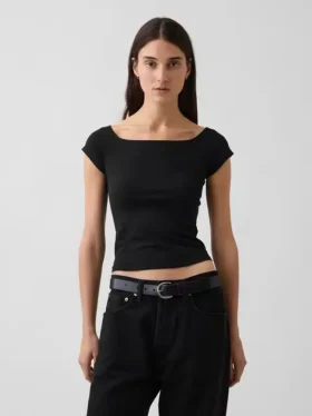 T-shirt corta con spalle scoperte in jersey a trama fitta