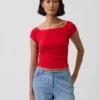 T-shirt corta con spalle scoperte in jersey a trama fitta