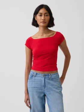 T-shirt corta con spalle scoperte in jersey a trama fitta
