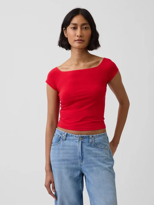 T-shirt corta con spalle scoperte in jersey a trama fitta
