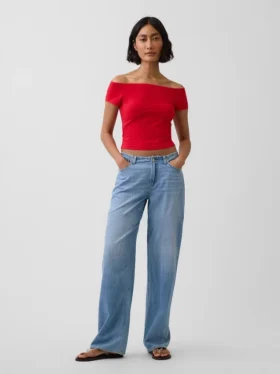 T-shirt corta con spalle scoperte in jersey a trama fitta