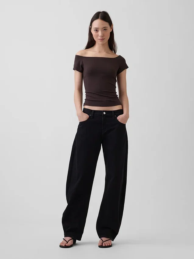 T-shirt corta con spalle scoperte in jersey a trama fitta