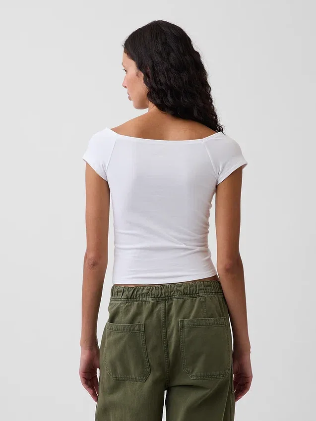 T-shirt corta con spalle scoperte in jersey a trama fitta