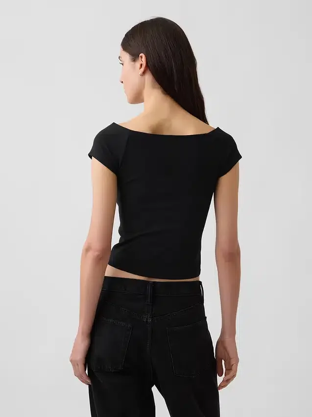 T-shirt corta con spalle scoperte in jersey a trama fitta