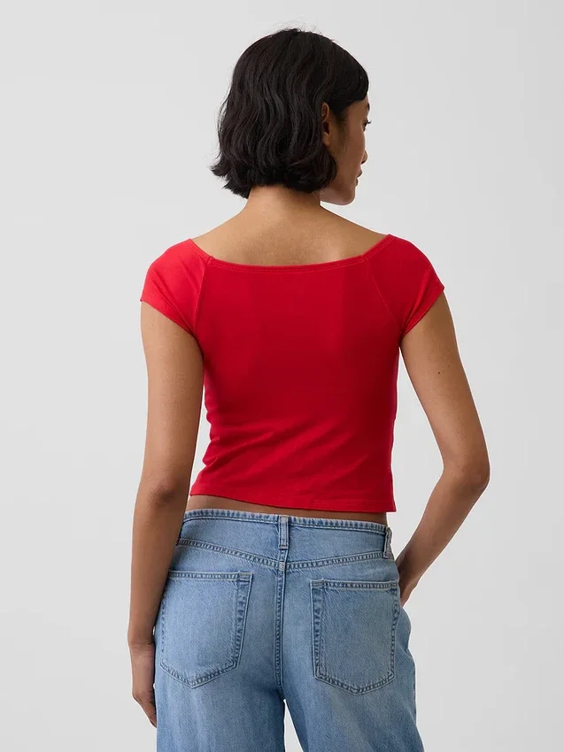 T-shirt corta con spalle scoperte in jersey a trama fitta