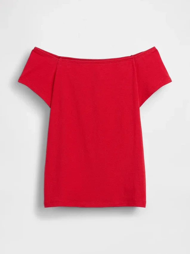T-shirt corta con spalle scoperte in jersey a trama fitta