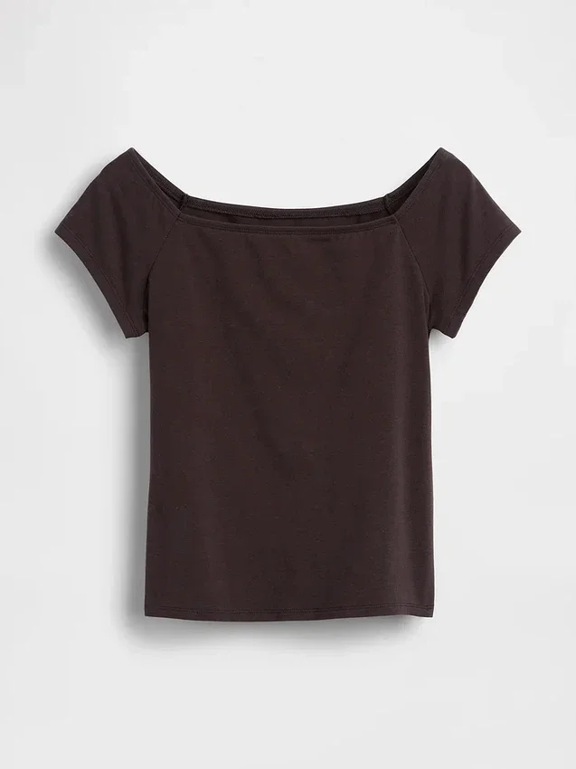 T-shirt corta con spalle scoperte in jersey a trama fitta