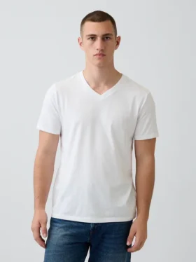 T-shirt in jersey di cotone con scollo a V