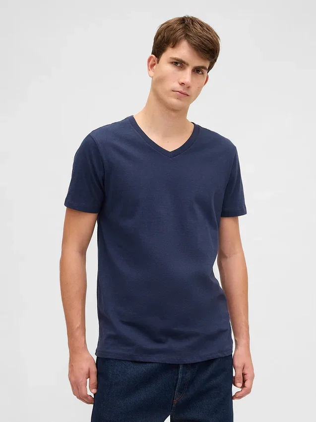 T-shirt in jersey di cotone con scollo a V