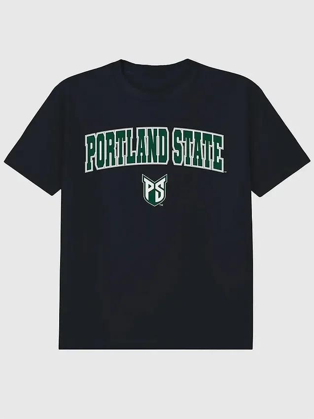 T-shirt nera con grafica dell'Arch Logo della Portland State University