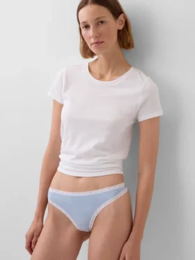 Tanga in cotone biologico elasticizzato con bordi in pizzo
