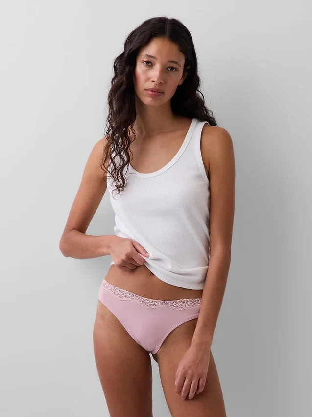 Tanga in cotone biologico elasticizzato con bordi in pizzo