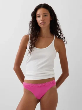 Tanga in cotone biologico elasticizzato con bordi in pizzo