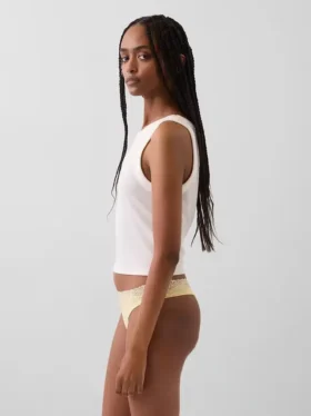 Tanga in cotone biologico elasticizzato con bordi in pizzo