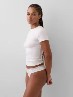Tanga in cotone biologico elasticizzato con bordi in pizzo