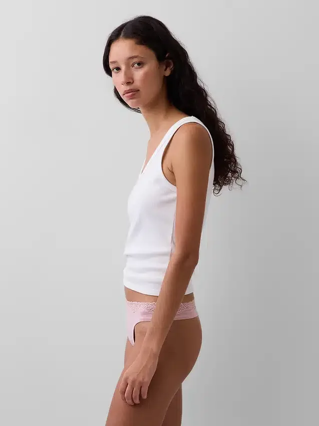 Tanga in cotone biologico elasticizzato con bordi in pizzo