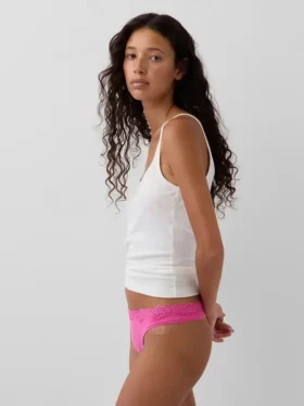 Tanga in cotone biologico elasticizzato con bordi in pizzo