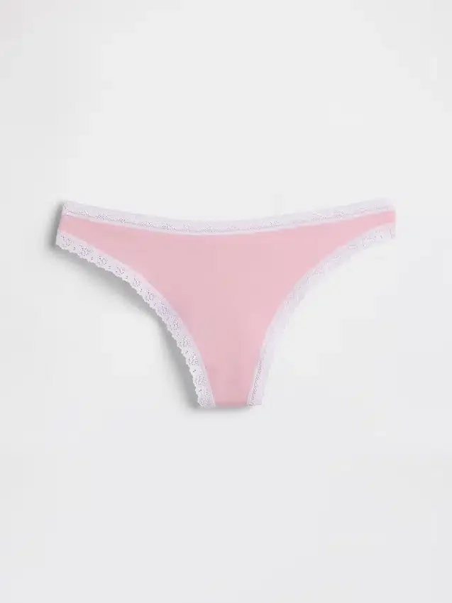 Tanga in cotone biologico elasticizzato con bordi in pizzo