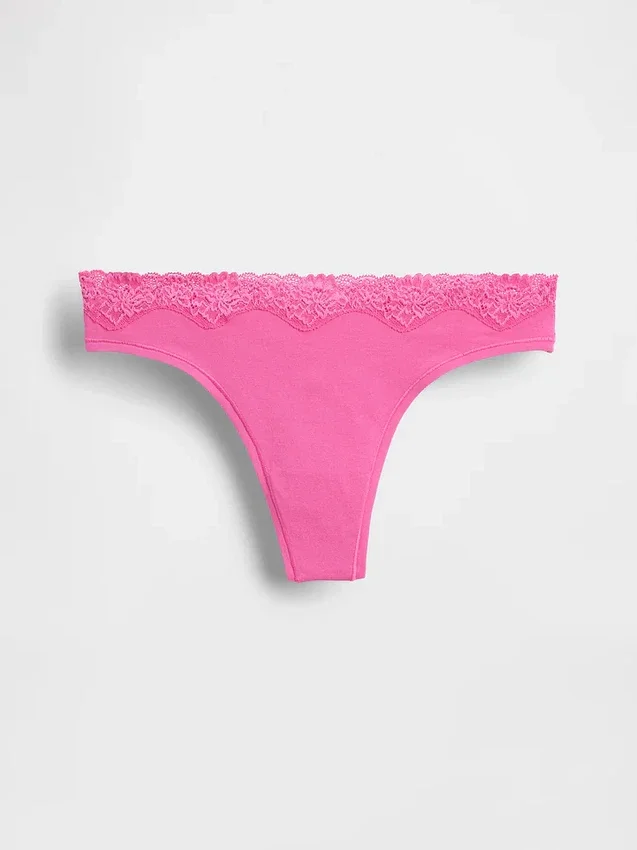 Tanga in cotone biologico elasticizzato con bordi in pizzo