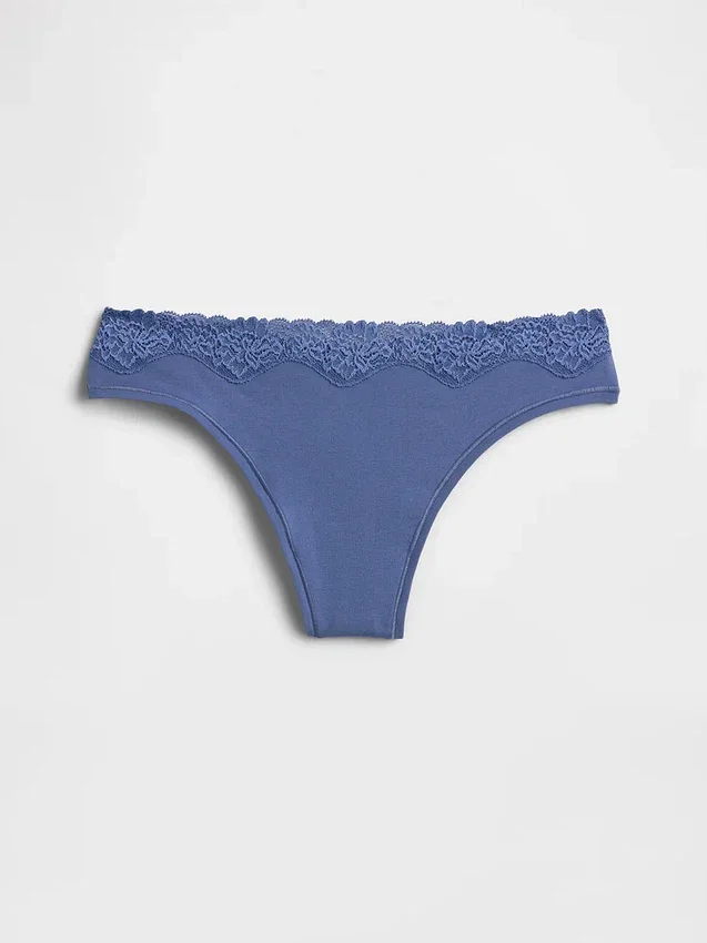 Tanga in cotone biologico elasticizzato con bordi in pizzo